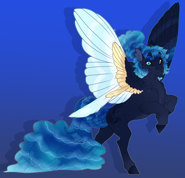 Size: 1563x1500 | Tagged: safe, artist:seffiron, derpibooru import, oc, oc:evening tide, pegasus, pony, colored wings, heterochromia, image, male, multicolored wings, offspring, parent:nightmare moon, parents:canon x oc, png, solo, stallion, wings