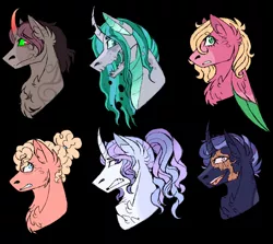 Size: 1126x1004 | Tagged: safe, artist:adoptimals-fim, derpibooru import, oc, oc:cryptic keep, oc:fondue fiesta pie, oc:keiko armor, oc:keleidoscope, oc:lancelot, oc:suncrisp soar, changepony, earth pony, hybrid, pegasus, pony, unicorn, black background, chest fluff, image, interspecies offspring, jpeg, offspring, parent:big macintosh, parent:cheese sandwich, parent:flash sentry, parent:fluttershy, parent:king sombra, parent:pinkie pie, parent:prince blueblood, parent:queen chrysalis, parent:rarity, parent:shining armor, parent:twilight sparkle, parents:cheesepie, parents:flashlight, parents:fluttermac, parents:rariblood, parents:shining chrysalis, parents:sombrashy, scar, simple background