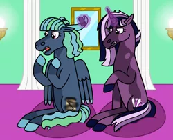 Size: 1280x1038 | Tagged: safe, artist:kindheart525, derpibooru import, oc, oc:aurora borealis, oc:iolite, unofficial characters only, pegasus, unicorn, auraverse, image, jpeg, magical gay spawn, magical lesbian spawn, offspring, parent:king sombra, parent:tempest shadow, parent:twilight sparkle, parent:zephyr breeze, parents:tempestlight, parents:zephbra