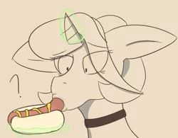 Size: 1421x1108 | Tagged: suggestive, artist:arrell, derpibooru import, oc, unofficial characters only, pony, unicorn, choker, eating, female, food, hot dog, image, magic, mare, meat, png, salivating, sausage, sucking, suggestive eating