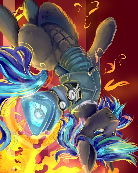 Size: 1639x2048 | Tagged: safe, artist:beyond_inside, derpibooru import, oc, unofficial characters only, pony, unicorn, armor, fire, horn, image, jpeg, solo, unicorn oc, upside down