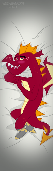 Size: 1969x6299 | Tagged: safe, artist:metalhead97, derpibooru import, garble, dragon, blushing, body pillow, body pillow design, clothes, commission, cute, dakimakura cover, embarrassed, embarrassed body exposure, gardorable, image, looking at you, male, nervous, png, show accurate, socks, solo