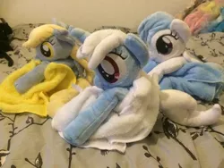 Size: 600x450 | Tagged: safe, artist:siamchuchusplushies, derpibooru import, bloo, cotton cloudy, derpy hooves, pegasus, pony, unicorn, beanie, beanie (plushie), bed, bedroom, female, filly, hat, image, irl, jpeg, mare, photo, plushie