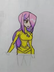 Size: 1224x1632 | Tagged: safe, artist:lynnmaprangs2005, derpibooru import, fluttershy, human, bust, clothes, cross, crossover, female, hair over one eye, humanized, image, jpeg, parasoul, skullgirls, solo, traditional art