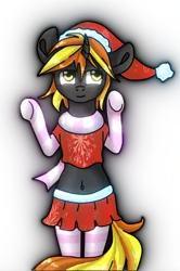 Size: 2252x3399 | Tagged: safe, artist:apple joy, artist:sunrise pegasus, derpibooru import, oc, oc:java, unofficial characters only, anthro, unicorn, anthro oc, christmas, clothes, hat, holiday, image, png, santa hat, scarf, simple background, skirt, socks, striped socks, transparent background