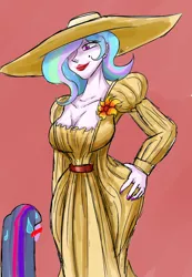Size: 1800x2600 | Tagged: source needed, suggestive, artist:zachc, derpibooru import, princess celestia, twilight sparkle, human, equestria girls, beauty mark, big breasts, blushing, breasts, busty princess celestia, cleavage, clothes, cosplay, costume, dress, female, hat, height difference, humanized, image, implied lesbian, implied shipping, implied twilestia, lady dimitrescu, lipstick, looking at each other, nail polish, nervous, png, principal celestia, red lipstick, resident evil, resident evil 8, sexy, simple background, size difference, stupid sexy celestia, tallestia, wide hips