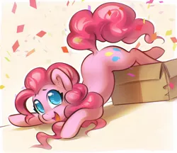 Size: 1520x1312 | Tagged: safe, artist:dimfann, artist:mirroredsea, banned from derpibooru, deleted from derpibooru, derpibooru import, pinkie pie, earth pony, pony, behaving like a cat, box, cardboard box, colored, colored pupils, confetti, cute, daaaaaaaaaaaw, diapinkes, digital art, dock, face down ass up, female, high res, if i fits i sits, image, jpeg, looking at you, mare, open mouth, ponk, pony in a box, smiling, solo, stray strand, sweet dreams fuel, weapons-grade cute