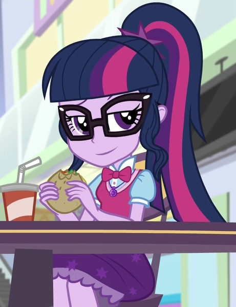 Size: 724x942 | Tagged: safe, derpibooru import, screencap, sci-twi, twilight sparkle, equestria girls, mirror magic, spoiler:eqg specials, burger, cropped, food, hamburger, image, png, solo