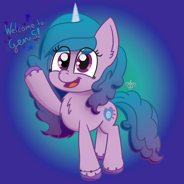 Size: 3148x3148 | Tagged: safe, artist:silvatwiliqular, derpibooru import, izzy moonbow, pony, unicorn, abstract background, bracelet, chest fluff, female, g5, high res, image, jewelry, jpeg, looking at you, open mouth, raised hoof, solo, stars, text, unshorn fetlocks