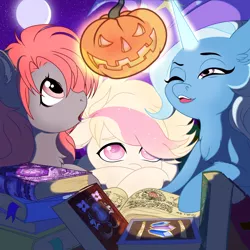 Size: 2000x2000 | Tagged: safe, artist:ynery, derpibooru import, trixie, oc, oc:venipuncture, bat pony, pegasus, pony, unicorn, bat pony oc, bat wings, book, commission, female, halloween, hat, holiday, horn, image, jack-o-lantern, magic, male, moon, night, open mouth, pegasus oc, png, pumpkin, scared, wings, witch hat, ych result