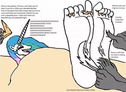 Size: 1024x744 | Tagged: safe, artist:alexianbc, derpibooru import, princess celestia, alicorn, anthro, plantigrade anthro, barefoot, buried in sand, crown, disembodied hand, eyes closed, feet, fetish, foot fetish, hand, image, jewelry, jpeg, laughing, offscreen character, regalia, soles, tickle fetish, tickle torture, tickling, toe rings, toes
