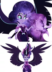 Size: 1000x1385 | Tagged: safe, derpibooru import, princess luna, twilight sparkle, equestria girls, ethereal mane, female, four eyes, fusion, galaxy mane, gem fusion, image, midnight sparkle, multiple arms, multiple eyes, png, this is our final form, this isn't even my final form, vice principal luna, we have become one