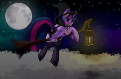 Size: 3296x2160 | Tagged: suggestive, alternate version, artist:darbedarmoc, derpibooru import, twilight sparkle, twilight sparkle (alicorn), alicorn, pony, black underwear, blushing, broom, butt, candle, clothes, cloud, costume, dock, dress, female, flying, flying broomstick, frilly underwear, frog (hoof), halloween, hat, high res, holiday, hooves, horn, image, lamp, lantern, lingerie, looking at you, looking back, looking back at you, mare, moon, night, panties, plot, png, presenting, rear view, robe, sky, socks, solo, solo female, spreading, stars, stockings, tail, tail aside, thigh highs, tongue out, two toned mane, underhoof, underwear, wings, witch, witch costume, witch hat