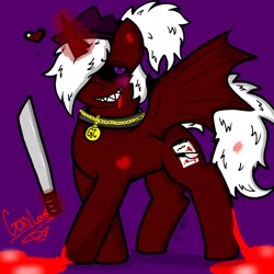 Size: 2048x2048 | Tagged: semi-grimdark, artist:artmama113, derpibooru import, oc, oc:yaoilover, unofficial characters only, alicorn, bat pony, bat pony alicorn, pony, bat wings, black sclera, blood, female, glowing horn, grin, hat, heart, horn, image, jewelry, jpeg, magic, mare, necklace, purple background, sharp teeth, signature, simple background, smiling, solo, teeth, telekinesis, wings