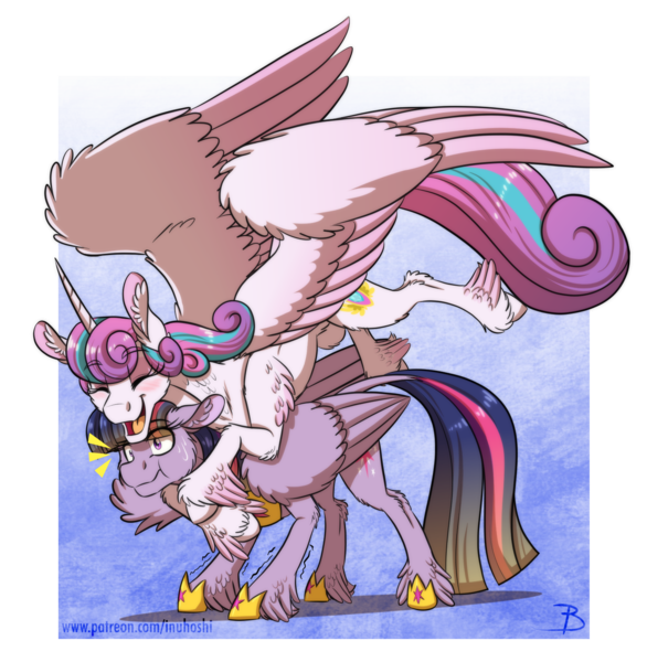 Size: 1374x1407 | Tagged: safe, artist:inuhoshi-to-darkpen, derpibooru import, princess flurry heart, twilight sparkle, twilight sparkle (alicorn), alicorn, pony, abstract background, aunt and niece, auntie twilight, blushing, cute, duo, ear fluff, eye clipping through hair, eyes closed, female, flurrybetes, flying, glomp, hoof fluff, hoof shoes, hug, image, jewelry, mare, older, older flurry heart, png, regalia, size difference, smiling, spread wings, sweat, wing fluff, wings