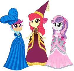 Size: 1280x1218 | Tagged: safe, artist:limedazzle, derpibooru import, apple bloom, scootaloo, sweetie belle, equestria girls, for whom the sweetie belle toils, adorabloom, clothes, costume, cute, cutealoo, cutie mark crusaders, diasweetes, dress, hat, hennin, image, jewelry, necklace, png, show accurate, simple background, transparent background, vector