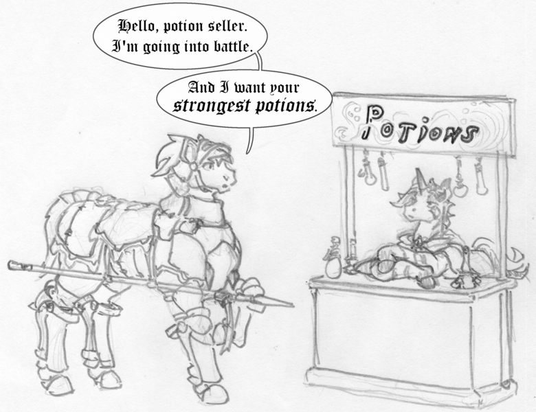 Size: 2600x2000 | Tagged: safe, artist:siegfriednox, derpibooru import, oc, oc:fond regard, unofficial characters only, earth pony, unicorn, armor, grayscale, image, knight, monochrome, png, potion, potion seller, traditional art
