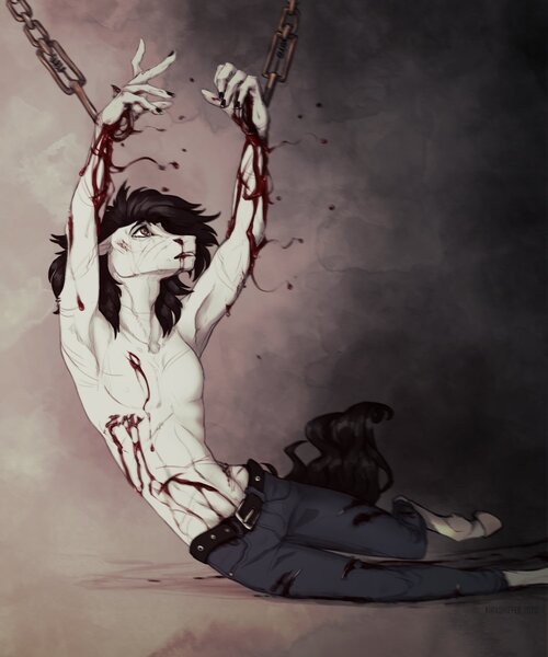 Size: 1500x1800 | Tagged: grimdark, artist:dementra369, derpibooru import, anthro, blood, crying, hooks, image, jpeg, male, solo, tears of pain