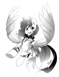 Size: 1583x2048 | Tagged: safe, artist:nekoshiei, derpibooru import, oc, oc:cynosura, unofficial characters only, armor, battle saddle, clothes, image, jpeg, manga style, monochrome, simple background, solo, white background