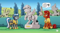 Size: 2560x1440 | Tagged: safe, artist:mysticalpha, derpibooru import, oc, oc:captain sunride, oc:cloud zapper, unofficial characters only, pegasus, pony, armor, canterlot gardens, image, male, pegasus oc, png, royal guard, royal guard armor, stallion, statue, wings