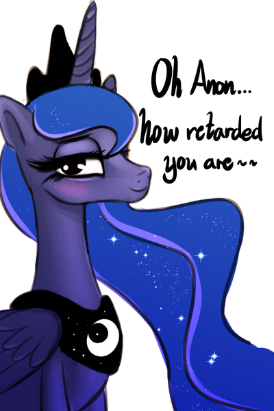 Size: 800x1200 | Tagged: safe, artist:plaguemare, derpibooru import, princess luna, oc, oc:anon, alicorn, pony, blushing, drawthread, ethereal mane, female, image, lidded eyes, mare, png, request, retarded, simple background, slur, smiling, smug, starry mane, vulgar, white background