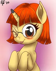 Size: 1650x2088 | Tagged: safe, artist:tomtornados, derpibooru import, oc, oc:sam art s, unofficial characters only, pony, unicorn, :p, blushing, bust, cute, female, glasses, happy, image, looking at you, mare, ocbetes, one eye closed, png, portrait, raised hoof, samabetes, solo, tongue out, wink