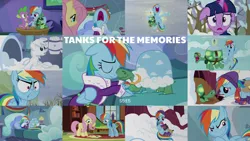 Size: 1982x1115 | Tagged: safe, derpibooru import, edit, edited screencap, editor:quoterific, screencap, fluttershy, rainbow dash, spike, tank, twilight sparkle, twilight sparkle (alicorn), alicorn, dragon, pegasus, pony, turtle, tanks for the memories, book, clothes, crying, eyes closed, floppy ears, i'll fly, image, nose in the air, open mouth, png, snow, tourist, winter, winter outfit