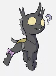 Size: 435x588 | Tagged: safe, artist:heretichesh, derpibooru import, oc, oc:konica, changeling, nymph, pony, bow, female, filly, image, png, question mark, solo, yellow changeling