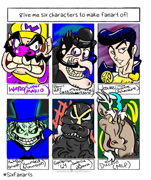 Size: 1005x1200 | Tagged: safe, artist:hipsterelfie, derpibooru import, discord, draconequus, human, six fanarts, bust, clothes, crossover, facial hair, godzilla, godzilla (series), grin, hat, haunted mansion, image, jojo's bizarre adventure, jpeg, male, meet the robinsons, moustache, smiling, top hat, wario