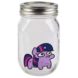 Size: 1628x1628 | Tagged: safe, artist:jargon scott, derpibooru import, edit, editor:piro_pie, twilight sparkle, pony, unicorn, adventure in the comments, frightened, image, implied cum jar, jar, lewd container meme, png, simple background, solo, squatpony, this will not end well, transparent background, twiggie