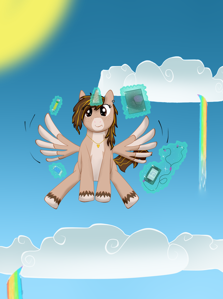Size: 1173x1576 | Tagged: safe, artist:twin-fan, derpibooru import, oc, unofficial characters only, alicorn, pony, alicorn oc, cloud, ear piercing, female, flying, glowing horn, horn, image, magic, mare, music player, piercing, png, solo, telekinesis, unshorn fetlocks, wings