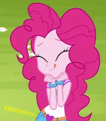 Size: 598x684 | Tagged: suggestive, artist:thedarkpony, derpibooru import, edit, edited screencap, screencap, pinkie pie, equestria girls, legend of everfree, clothes, cropped, denim shorts, female, fetish, image, implied pissing, implied urine, implied wetting, onomatopoeia, pee edit, peeing in shorts, png, shorts, urine, watersports