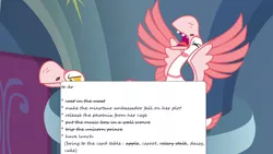 Size: 1280x720 | Tagged: safe, derpibooru import, edit, edited screencap, screencap, bird, goose, sparkle's seven, canterlot castle, image, implied blueblood, implied oc, implied philomena, png, text, throne room, to do list, to-do list, untitled goose game