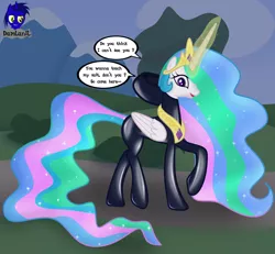 Size: 4154x3840 | Tagged: safe, artist:damlanil, derpibooru import, princess celestia, alicorn, pony, bodysuit, breaking the fourth wall, bush, catsuit, clothes, cloud, crown, ethereal mane, female, fourth wall, glowing horn, hoof shoes, horn, image, jewelry, latex, latex suit, looking at you, magic, mare, mountain, necklace, png, regalia, rubber, shiny, shoes, show accurate, solo, suit, tree, vector, wings