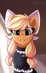 Size: 800x1250 | Tagged: safe, artist:shadowreindeer, derpibooru import, applejack, android, pony, robot, robot pony, alternate hairstyle, applebot, bow, clothes, cute, detroit: become human, female, freckles, hair bow, image, jackabetes, jpeg, looking at you, maid, mare, pigtails, smiling, solo