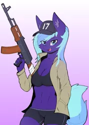 Size: 1435x2000 | Tagged: suggestive, artist:zeroonesunray, derpibooru import, oc, oc:amethyst shadow, anthro, ak-74, assault rifle, baseball cap, blue eyes, blue mane, blue tail, breasts, cap, clothes, compression shorts, female, gradient background, gun, gym shorts, hat, image, jacket, jpeg, midriff, no trigger discipline, pink background, purple fur, rifle, shorts, simple background, smiling, solo, solo female, sports bra, tomboy, visor cap, weapon