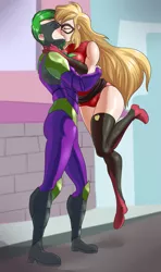 Size: 1209x2048 | Tagged: safe, artist:thebrokencog, derpibooru import, applejack, humdrum, mistress marevelous, spike, human, power ponies (episode), applespike, clothes, costume, eyes closed, female, humanized, image, kissing, male, png, power ponies, shipping, straight, superhero