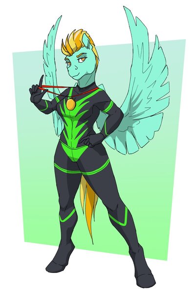 Size: 790x1200 | Tagged: safe, artist:akweer, derpibooru import, lightning dust, anthro, pegasus, unguligrade anthro, clothes, commission, female, gold medal, image, jpeg, proud, solo, standing, uniform, washouts uniform, wings