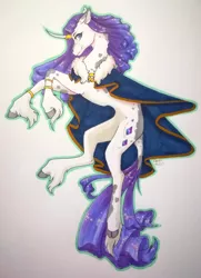 Size: 1920x2657 | Tagged: safe, artist:oneiria-fylakas, derpibooru import, rarity, classical unicorn, pony, unicorn, cloven hooves, curved horn, female, horn, horn jewelry, image, jewelry, jpeg, leonine tail, looking at you, mantle, mare, simple background, solo, traditional art, unshorn fetlocks, watercolor painting, white background