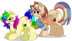 Size: 8000x4600 | Tagged: suggestive, artist:rainbowtashie, author:bigonionbean, derpibooru import, braeburn, wind waker (character), oc, oc:rainbow tashie, oc:spicy cider, earth pony, pegasus, pony, blushing, booty slap, bootylicious, clothes, commissioner:bigonionbean, cowboy hat, cutie mark, duckface, earth pony oc, female, fusion, fusion:spicy cider, hat, husband and wife, image, male, mare, nintendo switch, oc x oc, png, shipping, simple background, slap, spank mark, spanking, stallion, stetson, straight, teasing, tongue out, transparent background