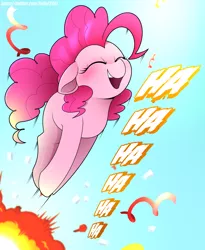 Size: 4500x5500 | Tagged: safe, artist:felixf, derpibooru import, pinkie pie, earth pony, pony, explosion, eyes closed, female, image, jumping, laughing, mare, pinkie being pinkie, png, pronking, smiling, solo