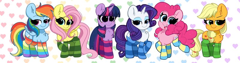 Size: 4096x1087 | Tagged: safe, artist:kittyrosie, derpibooru import, applejack, fluttershy, pinkie pie, rainbow dash, rarity, twilight sparkle, twilight sparkle (alicorn), alicorn, earth pony, pegasus, pony, unicorn, absurd resolution, blushing, chest fluff, clothes, cute, dashabetes, diapinkes, ear fluff, female, hatless, high res, image, jackabetes, jpeg, lidded eyes, mane six, mare, missing accessory, open mouth, rainbow socks, raribetes, simple background, socks, striped socks, thigh highs, twiabetes