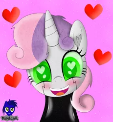 Size: 3840x4154 | Tagged: safe, alternate version, artist:damlanil, derpibooru import, sweetie belle, pony, robot, robot pony, unicorn, blushing, catsuit, clothes, cute, diasweetes, female, filly, floating heart, glowing eyes, happy, heart, heart eyes, horn, image, latex, latex suit, looking at you, mare, open mouth, pink background, png, roboticization, rubber, shine, shiny, simple background, smiling, spy, suit, sweetie bot, vector, weapons-grade cute, wingding eyes