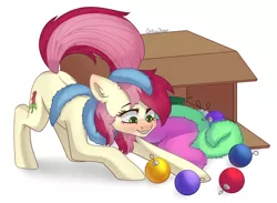 Size: 2500x1832 | Tagged: safe, artist:chibadeer, derpibooru import, roseluck, pony, behaving like a cat, blushing, box, christmas ornament, commissioner:doom9454, cute, cuteluck, decoration, fluffy, image, png, pony pet, rosepet, solo