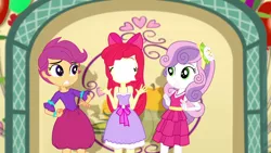 Size: 1920x1080 | Tagged: safe, derpibooru import, screencap, apple bloom, scootaloo, sweetie belle, a photo booth story, eqg summertime shorts, equestria girls, cutie mark crusaders, fall formal outfits, flower, flower in hair, image, paper, png