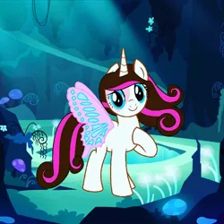 Size: 1080x1080 | Tagged: safe, artist:rxndxm.artist, derpibooru import, oc, oc:shooting star, unofficial characters only, pony, butterfly wings, hoof on chest, image, jpeg, looking at you, mirror pool, outdoors, raised hoof, smiling, solo, standing, wings