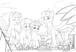 Size: 2500x1715 | Tagged: safe, artist:starponys87, artist:tsitra360, derpibooru import, oc, oc:david starlyre, oc:fireshy, oc:prince endearment, oc:white night, alicorn, earth pony, pegasus, pony, unicorn, alicorn oc, giant pony, horn, image, jpeg, lineart, looking down, macro, statue, town, village, wings