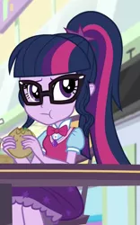 Size: 610x980 | Tagged: safe, derpibooru import, screencap, sci-twi, twilight sparkle, equestria girls, mirror magic, spoiler:eqg specials, burger, cropped, food, hamburger, image, png, solo