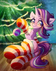 Size: 1000x1263 | Tagged: suggestive, artist:chaosangeldesu, derpibooru import, starlight glimmer, pony, unicorn, butt, christmas, christmas lights, christmas tree, clothes, dock, female, glimmer glutes, holiday, image, looking at you, mare, png, smiling, socks, striped socks, tree