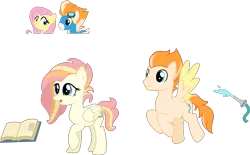 Size: 2719x1684 | Tagged: safe, artist:littlejurnalina, derpibooru import, fire streak, fluttershy, oc, oc:idolwise, oc:wildfire, unofficial characters only, pegasus, pony, female, flutterstreak, image, male, mare, parent:fire streak, parent:fluttershy, parents:flutterstreak, png, shipping, simple background, stallion, straight, transparent background, two toned wings, wings